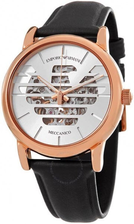 Emporio Armani Meccanico Skeleton Silver Dial Black Leather Strap Watch For Men - AR60031 - Image 2